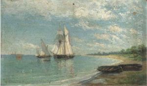 A Spanish Trader And A Xebec Drying Their Sails Off A Beach by Emilio Ocon Y Rivas