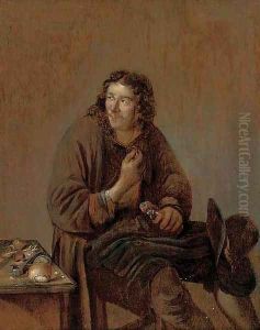 A cobbler at work in an interior by Abraham Diepraam
