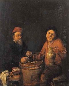 Boors drinking and smoking at a barrel by Abraham Diepraam