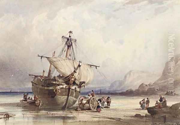 Figures dismantling a beached ship on a rocky shore - view 1