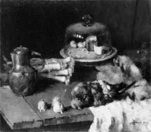 Kuchenstilleben. Auf Einem Tisch Eine Taube, Porree Und Eine Kaseglocke. by Georg Egmont Oehme