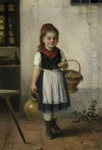 Little Girl With Jar And Basket. Signed Bottom Right: H. Oehmichen by Hugo Oehmichen