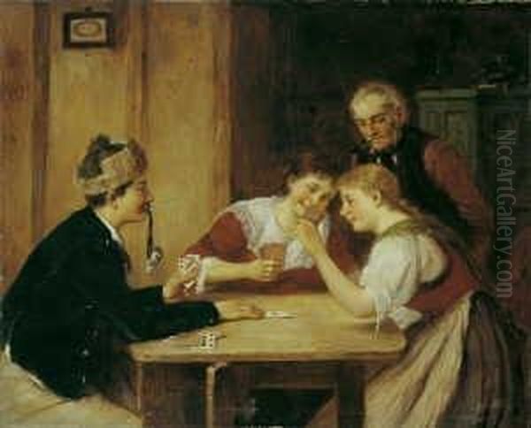 Beim Kartenspiel. Ol Auf Leinwand. H 55; B 68 Cm. - view 1
