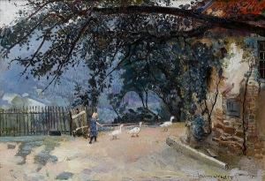 A Young Girl Chasing Geese by Frans David Oerder
