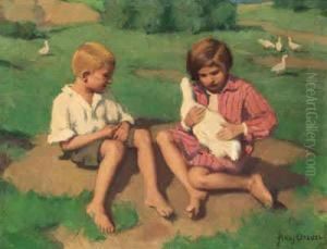 Children Playing With A Goose by Frans David Oerder