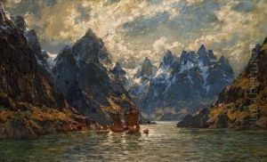 A Norwegian Fiord With Ships At A Bridge