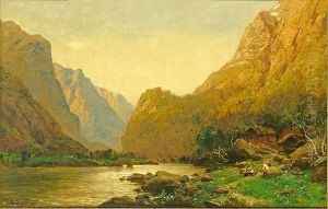 Romantische Flusslandschaft Mitpersonenstaffage An Einem Prachtvollen Sommertag