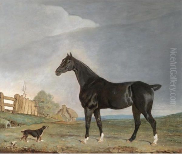 A Dark Bay Hunter And A Terrier In A Landscape - view 1