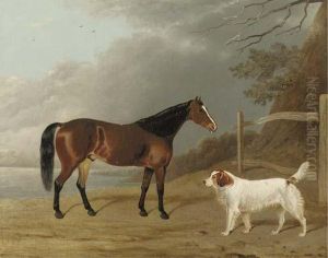 A Bay Hunter With A Dog By A Fence