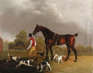 A Huntsman Leading A Bay Hunter, With Hounds Outside Kennels