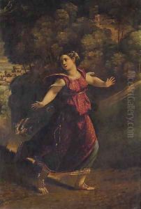 A woman fleeing on a wooded path