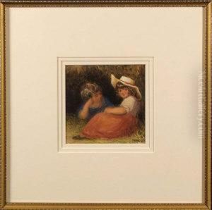 Two Children Resting In A Garden. Two Children Resting In A Garden.
