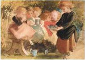 Children Seated On A Bench In The Grounds At Highcliff by Louisa Anne, Marchioness of Waterford