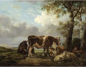 A Shepherd Boy And His Cattle Resting Besides A Tree by Anthony Jacobus Offermans