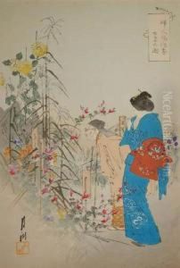Kobieta Podziwiajaca Jesienne Kwiaty by Ogata Gekko