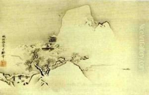 Lone Oarsman On A Lake Set Amongst Snowy Landscape In Okuyama Lone Oarsman On A Lake Set Amongst Snowy Landscape In Okuyama