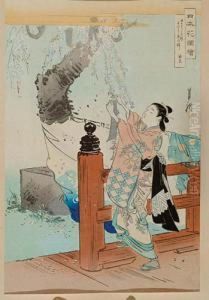 Dziewczyna Zrywajaca Kwiaty 
Kamelii, 1900, Z Serii Widoki Japonskich Ogrodow, Wydawca Matsuki 
Heikichi