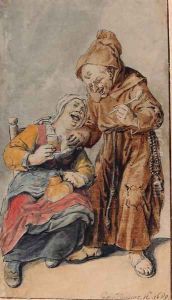 A monk with a pipe offered a glass of beer by a woman by Cornelis Dusart