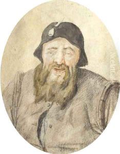 Portrait of a bearded man with a pipe in his hat, half-length by Cornelis Dusart