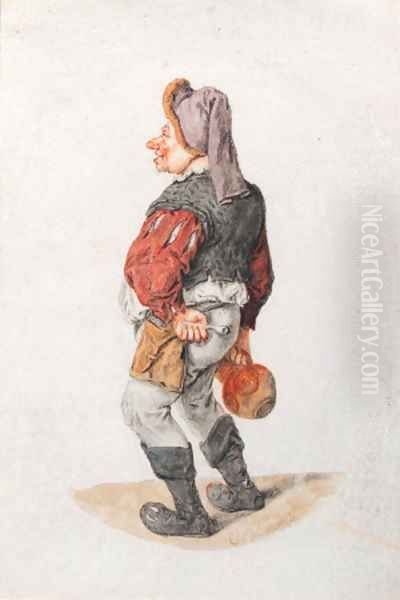 A man in a cap, holding a pipe and a pitcher - view 1