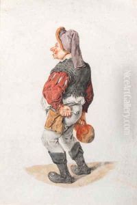 A man in a cap, holding a pipe and a pitcher by Cornelis Dusart