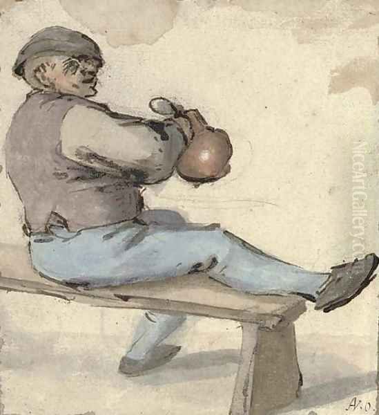 A seated drinker holding an earthenware pot - view 1