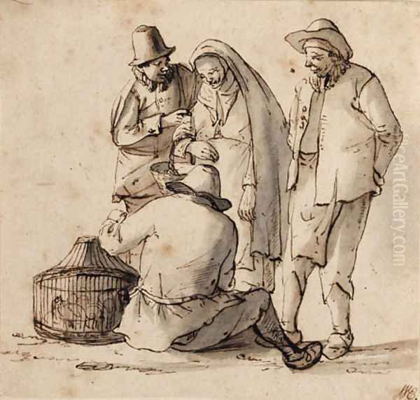 Four peasants looking at a basket containing birds - view 1