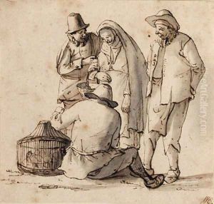 Four peasants looking at a basket containing birds by Cornelis Dusart
