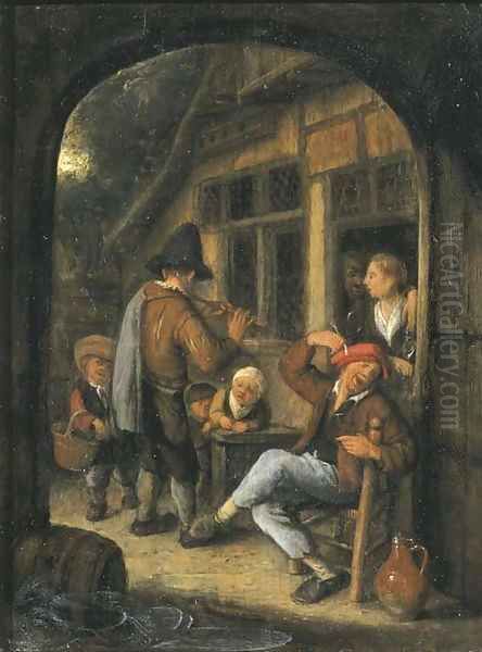 Peasants by a doorway with a pipe player, through an open arch - view 1