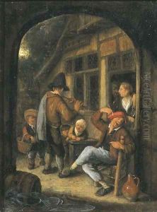Peasants by a doorway with a pipe player, through an open arch by Cornelis Dusart