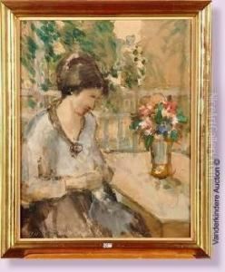 Femme Assise Sur La Terrasse by Auguste Oleffe