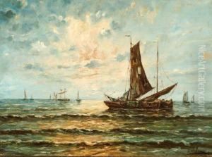 Ships On The Coast Of Nieuwpoort (belgium) by Auguste Oleffe