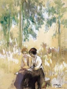 Deux Jeunes Femmes Dans Le Jardin (1916) by Auguste Oleffe