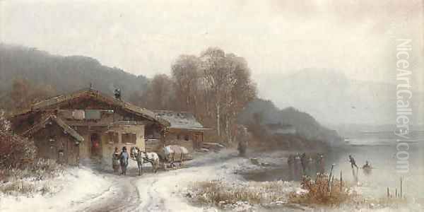 Children skating by a lakeside chalet - view 1