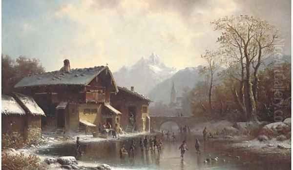Skaters before an Alpine bridge - view 1
