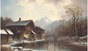 Skaters before an Alpine bridge