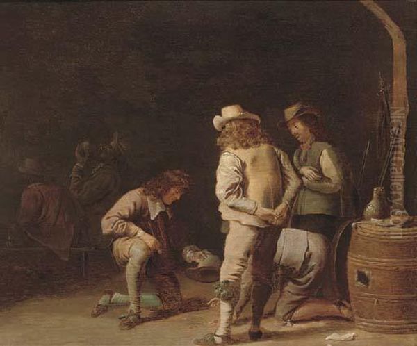 Soldiers Playing A Game And Smoking In A Guardroom by Jan Olis