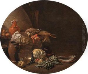 A Kitchen Interior With A Hare
And A Mallard On A Table By A Basketwith Fish On A Terracotta Plate,
Apples, Artichokes And Othervegetables A Kitchen Interior With A Hare
And A Mallard On A Table By A Basketwith Fish On A Terracotta Plate,
Apples, Artichokes And Othervegetables