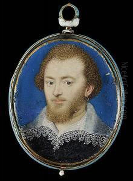 A Gentleman, Traditionally 
Called Robert Devereux, 2nd Earl Of Essex (1566-1601), Wearing Slashed 
Black Doublet, White Lawn Collar With Lace Border And Gold Hoop Earring,
 Blue Background, Gold Border - view 1