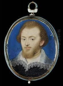 A Gentleman, Traditionally
Called Robert Devereux, 2nd Earl Of Essex (1566-1601), Wearing Slashed
Black Doublet, White Lawn Collar With Lace Border And Gold Hoop Earring,
Blue Background, Gold Border by Isaac Oliver