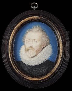 A Gentleman, With Fair Hair And 
Beard, Wearing Black Slashed Doublet And White Ruff, Blue Background 
With Gold Border