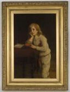 A Portrait Of A Young Boy Leaning On A Table With A Red Tablecloth
