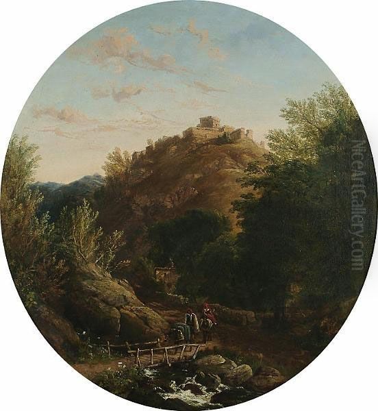 View Of Hilltop Fort, Figures On A Bridge In The Foreground - view 1