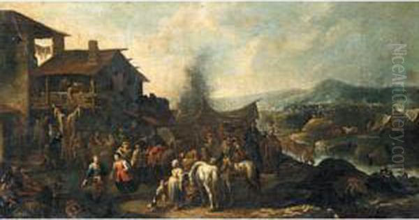 Figures Making Merry Outside A Riverside Tavern, An Encampment In The Distance - view 1
