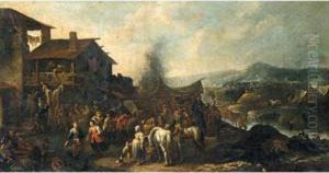 Figures Making Merry Outside A Riverside Tavern, An Encampment In The Distance Figures Making Merry Outside A Riverside Tavern, An Encampment In The Distance