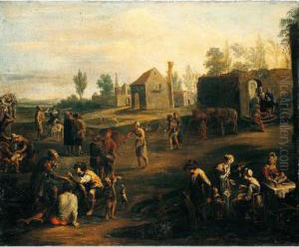 A Market Scene With Peasants Gathered Before The Walls Of A Town - view 1