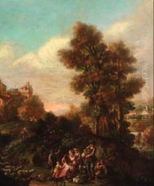 An Italianate Landscape With Shepherds Making Music By A River, Ahilltop Town Beyond - view 1