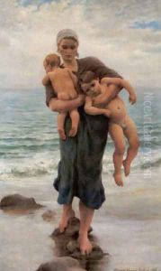 Femme de pecheur venant de baigner ses enfants by Virginie Demont-Breton