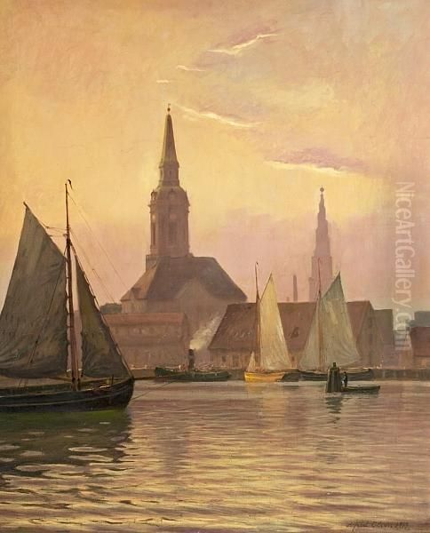 Dusk Over Copenhagen With Christian's Church. Signed Alfred Olsen 1913 - view 1