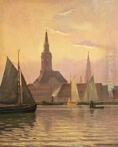 Dusk Over Copenhagen With Christian's Church. Signed Alfred Olsen 1913 by Alfred Theodor Olsen